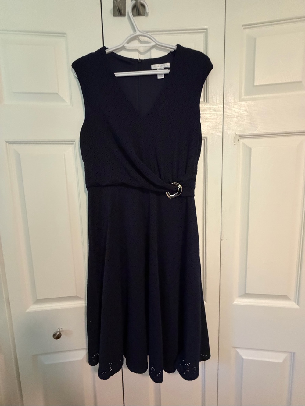 London Times Navy Eyelet Faux Wrap Dress – Size 10